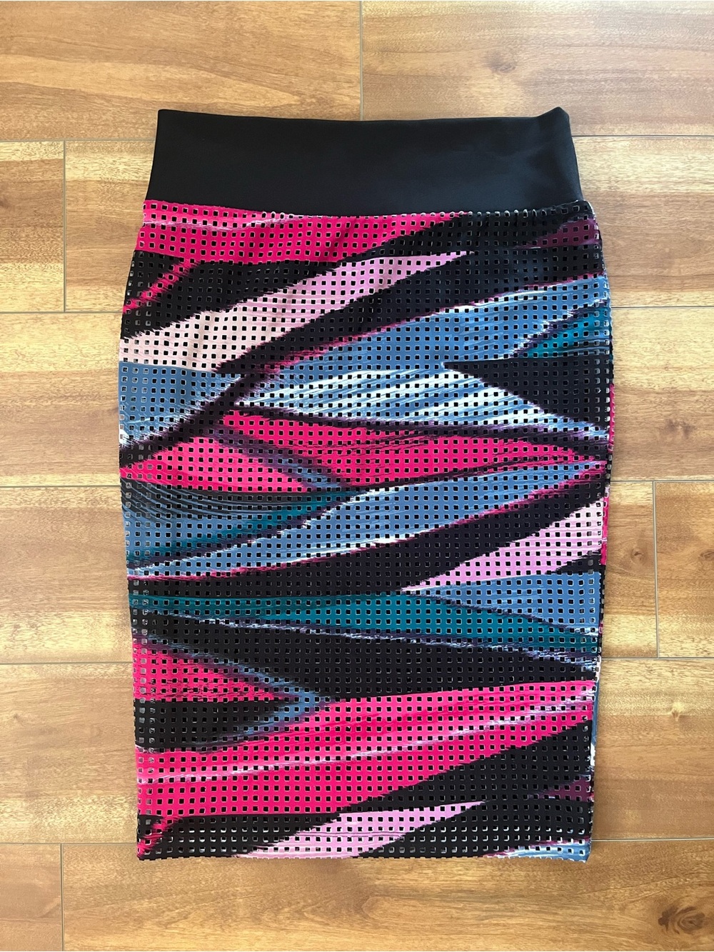 Bisou Bisou Multicolor Geo Funky Mesh Pencil Skirt - Pink, Blue & Black